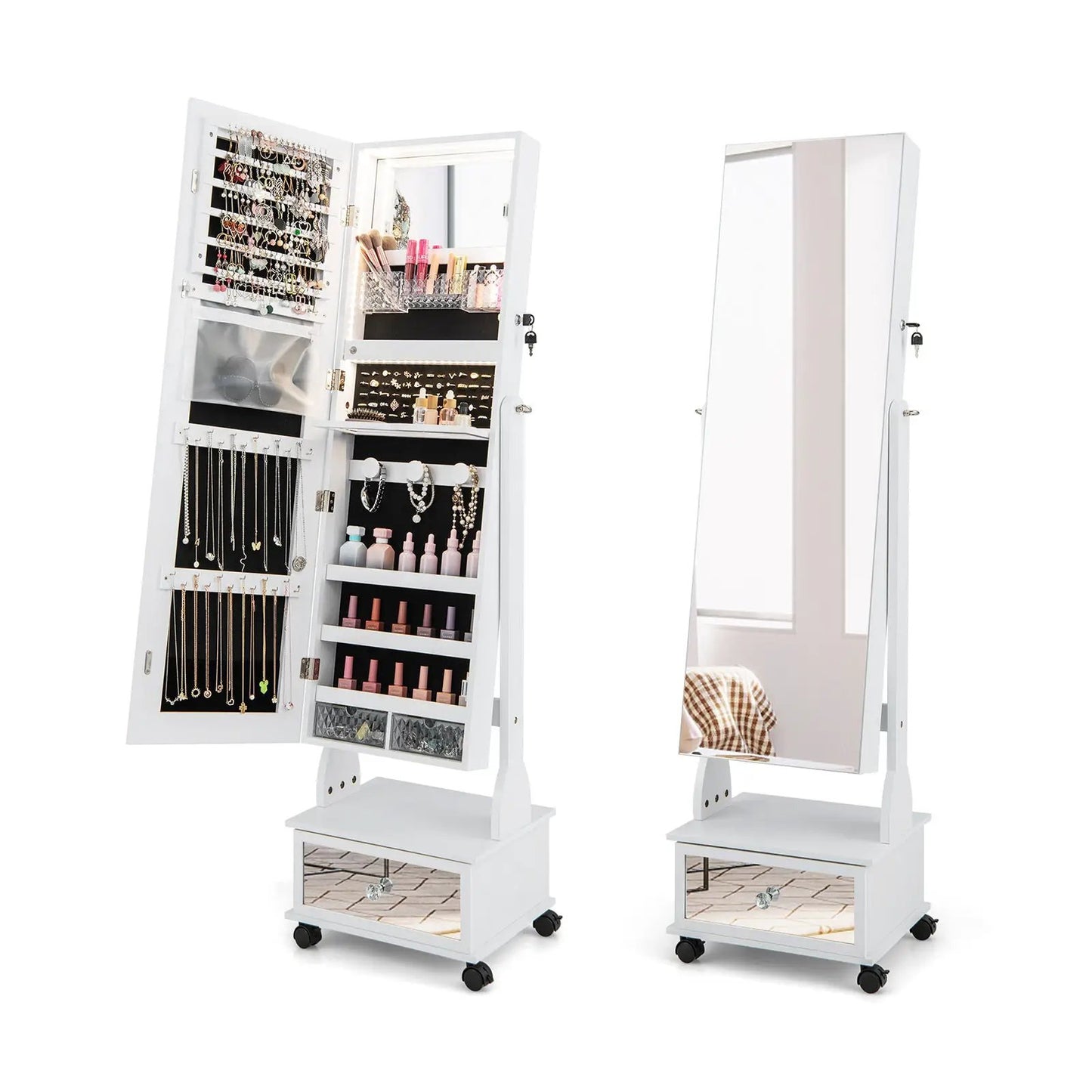 DirectDeals 47 inch lockable jewelry cabinet armoire with LED lights white on wheels on Tampa Home & Garden Store