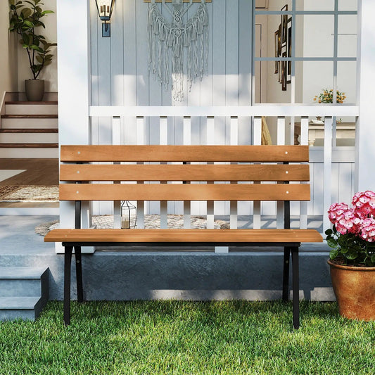 47 inch acacia wood outdoor bench with black metal frame and slatted seat on Tampa Home & Garden Store