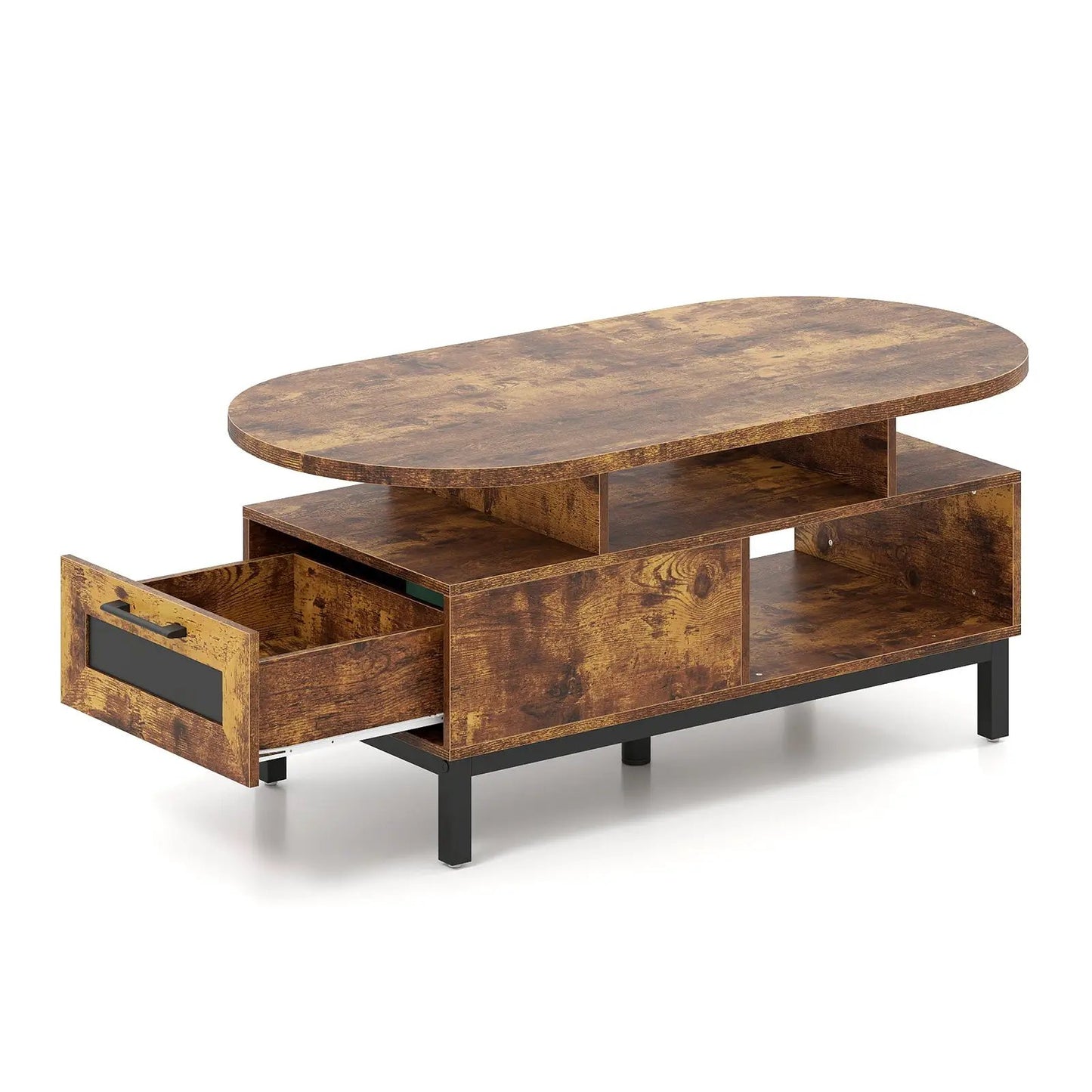 Oval coffee table with storage and open shelves in rustic wood finish DirectDeals on Tampa Home & Garden Store