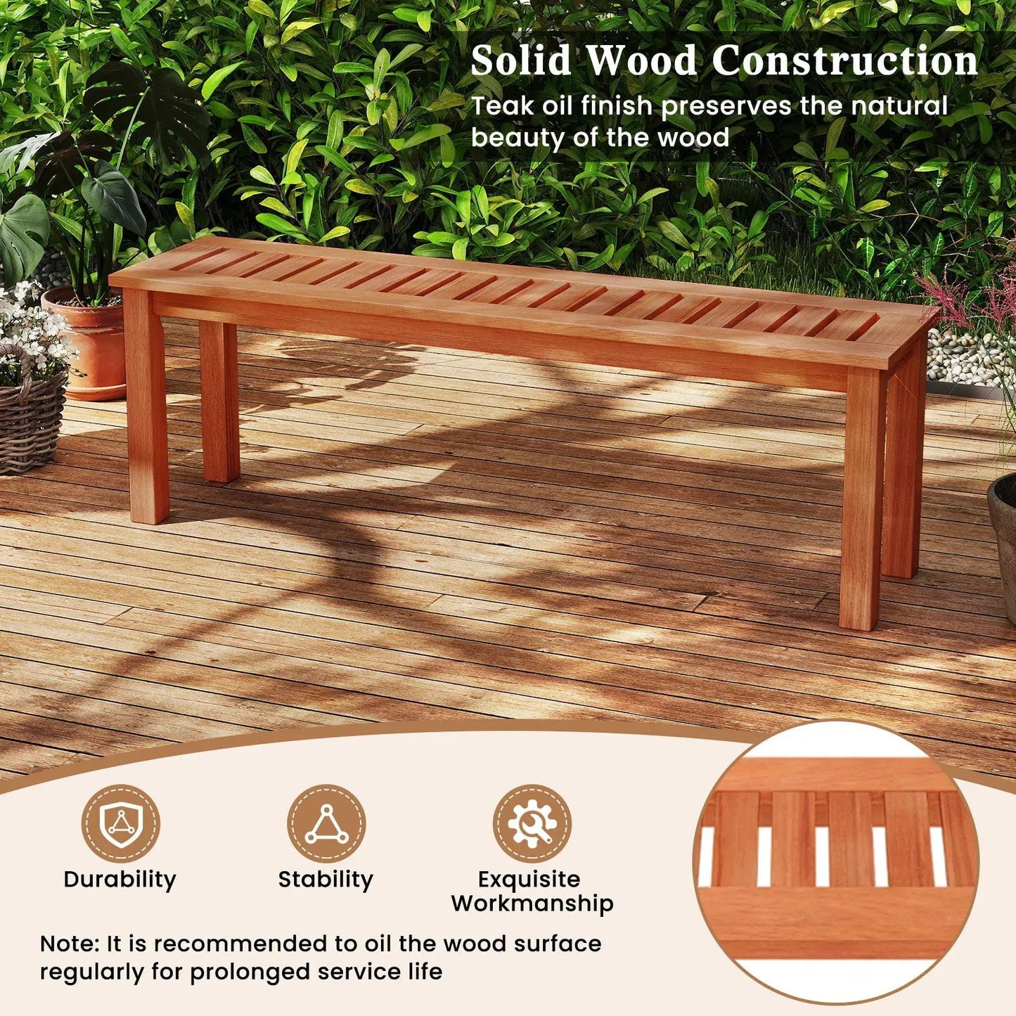 47 Inch Patio Wood Bench with Slatted Seat 2-Person - Tampa Home & Garden Store