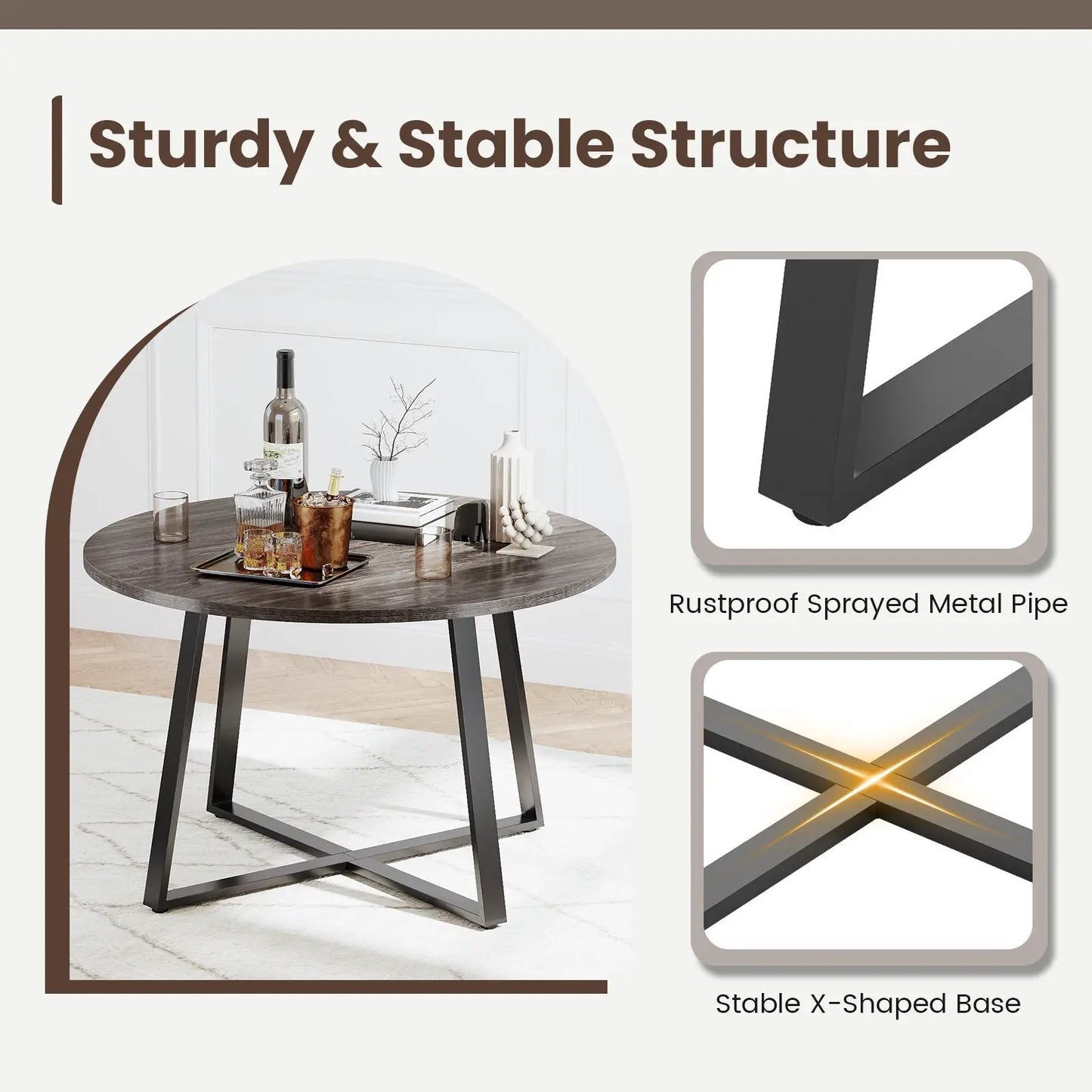 47 inch round dining table with dark wood grain tabletop and stable X-shaped black metal base on Tampa Home & Garden Store