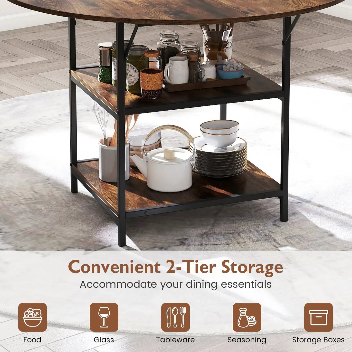 47-Inch round dining table with 2-tier storage, wood top and black metal frame by DirectDeals on Tampa Home & Garden Store