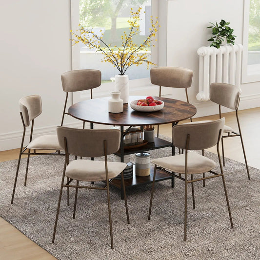 47 Inch Round Dining Table for 4-6 with storage, dark wood top and black metal base, six beige chairs on Tampa Home & Garden Store