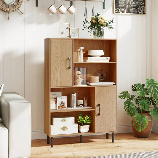 Storage cabinet freestanding bookcase with 2 doors, oak finish, open shelves, metal legs on Tampa Home & Garden Store