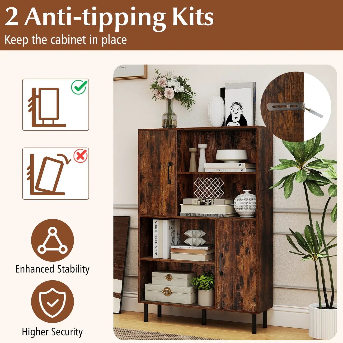 Storage Cabinet Freestanding Bookcase with 2 Doors wood finish and open shelves DirectDeals on Tampa Home & Garden Store