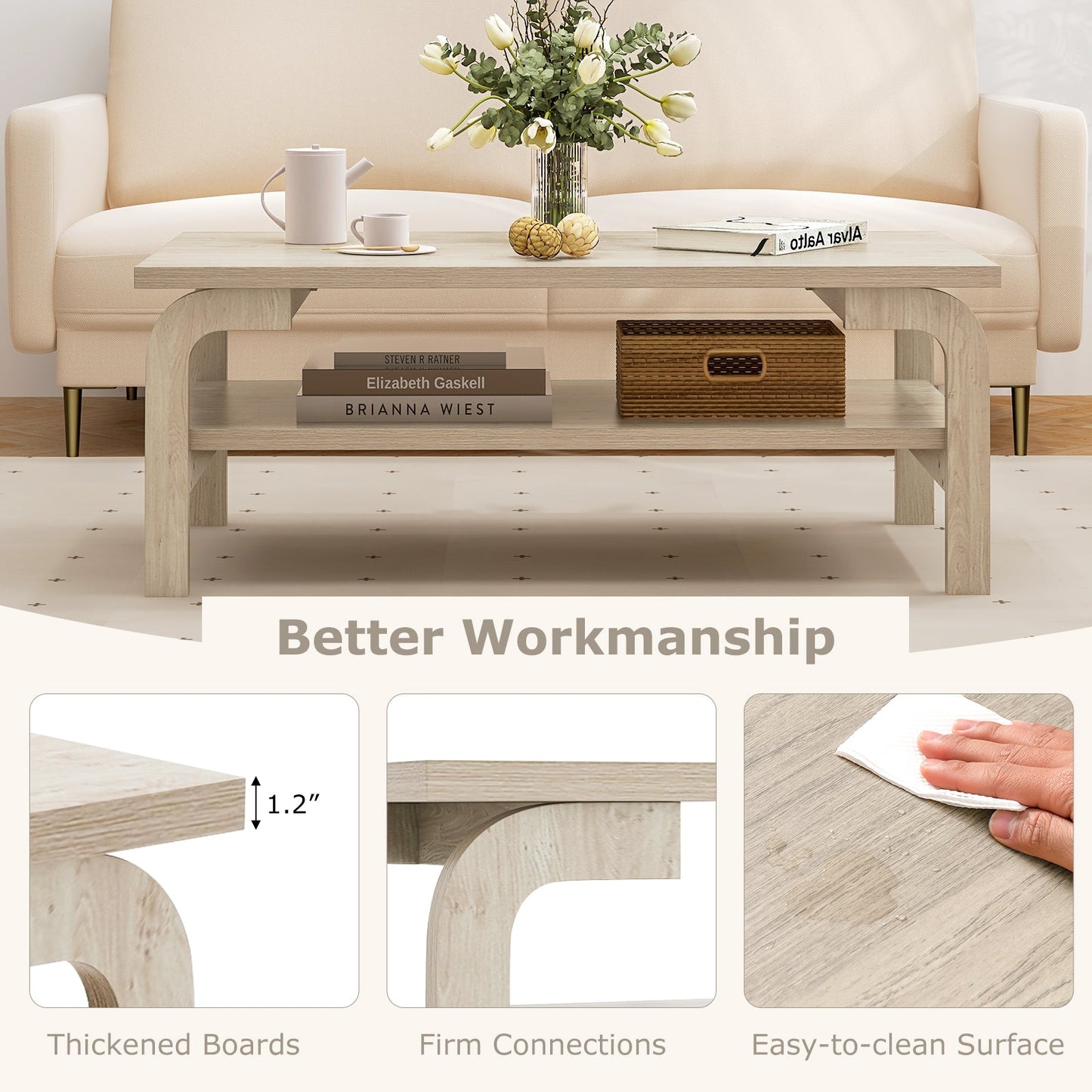 Mesa de centro rectangular decorativa de 47 pulgadas para sala de estar - Natural