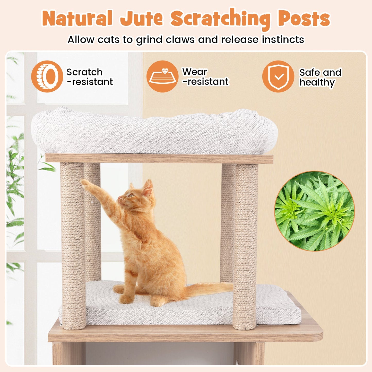 47-Inch wooden cat tree with two-story condo, natural finish and sisal rope posts, cat reaching on Tampa Home & Garden Store