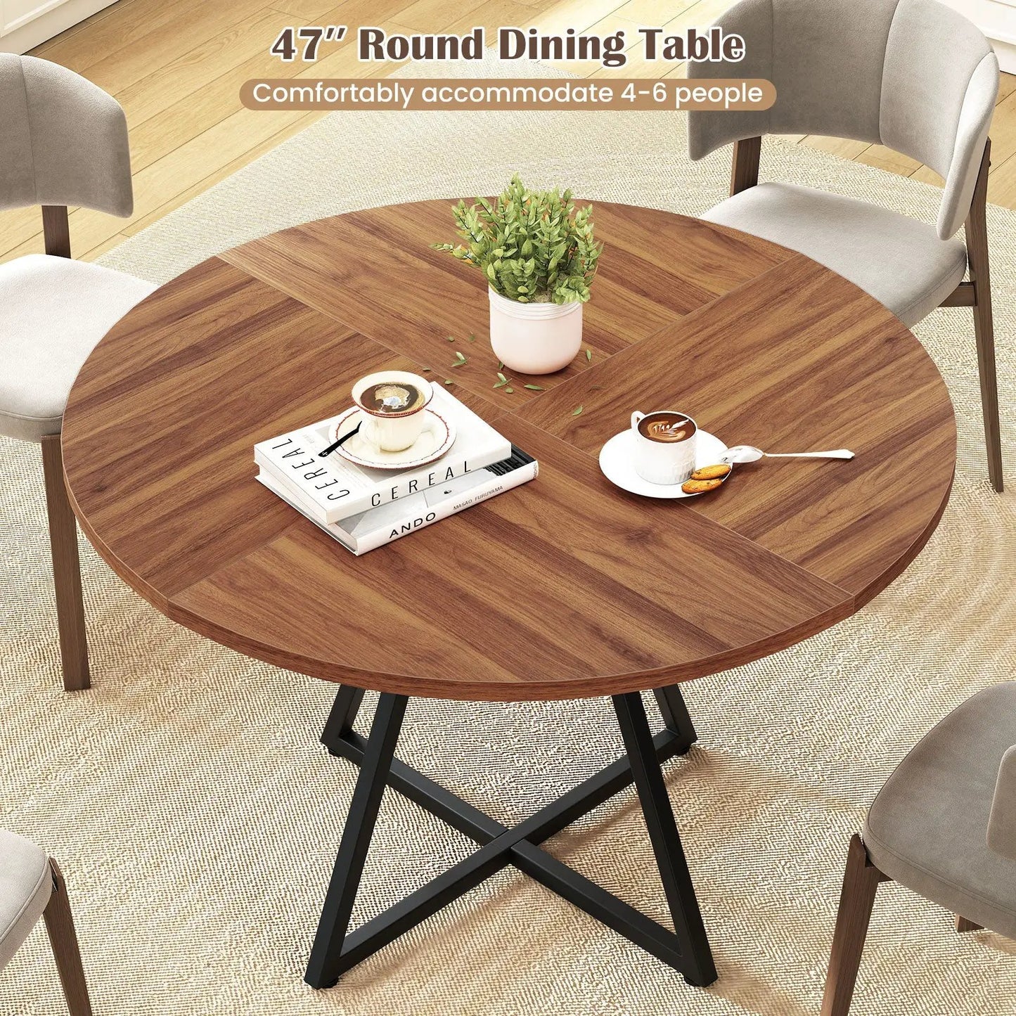 47 inch round dining table for 4 with shelf in warm brown wood finish with black metal legs on Tampa Home & Garden Store