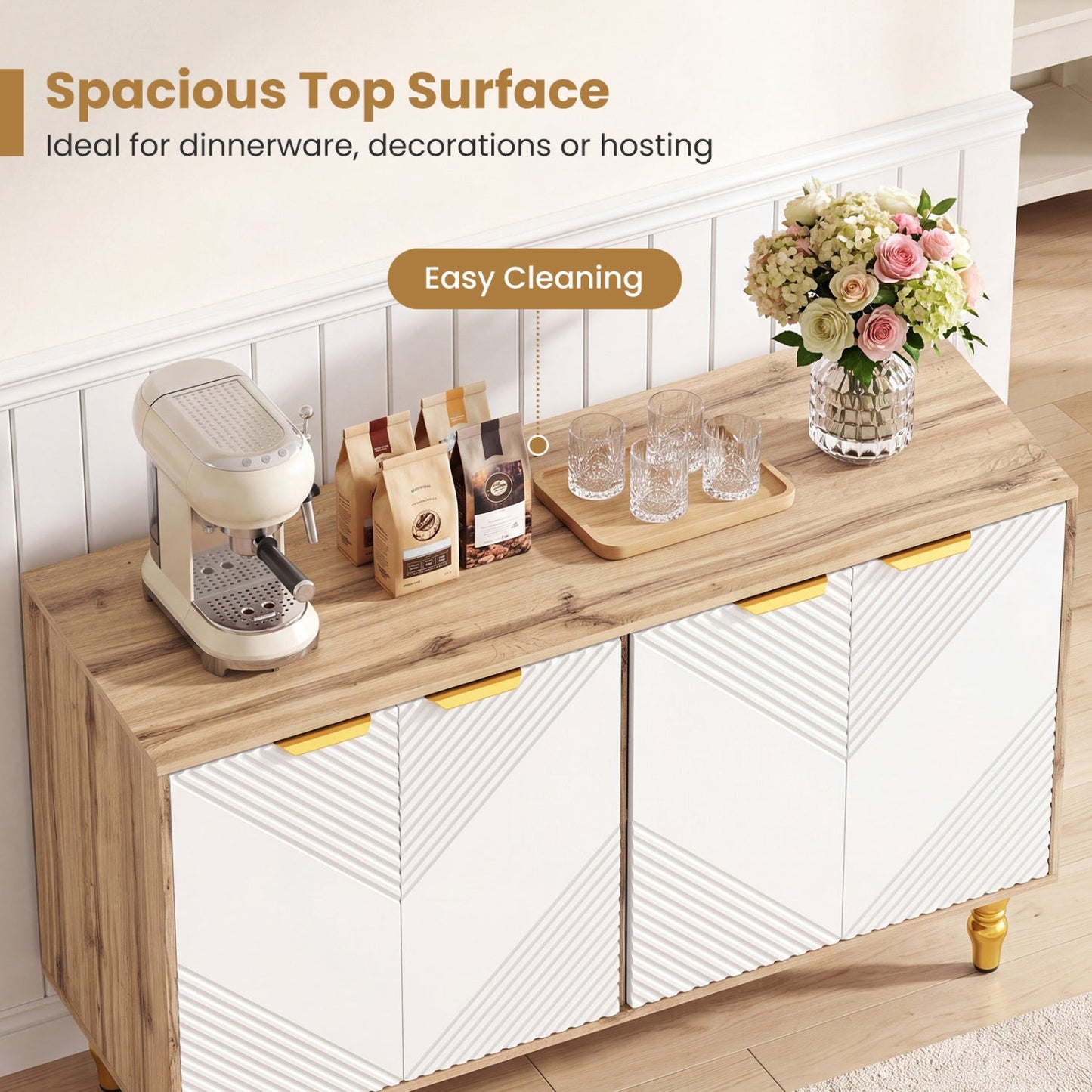 47in sideboard buffet cabinet DirectDeals with chevron fluted white doors and natural wood top on Tampa Home & Garden Store