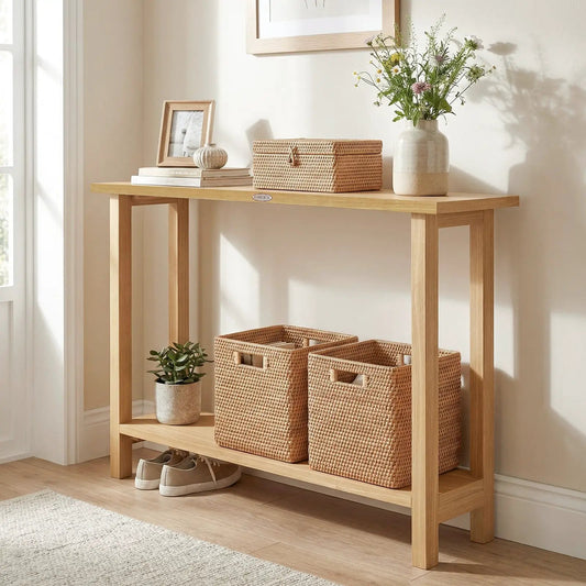 Solid teak wood console table with storage shelf in natural finish; two wicker baskets on Tampa Home & Garden Store