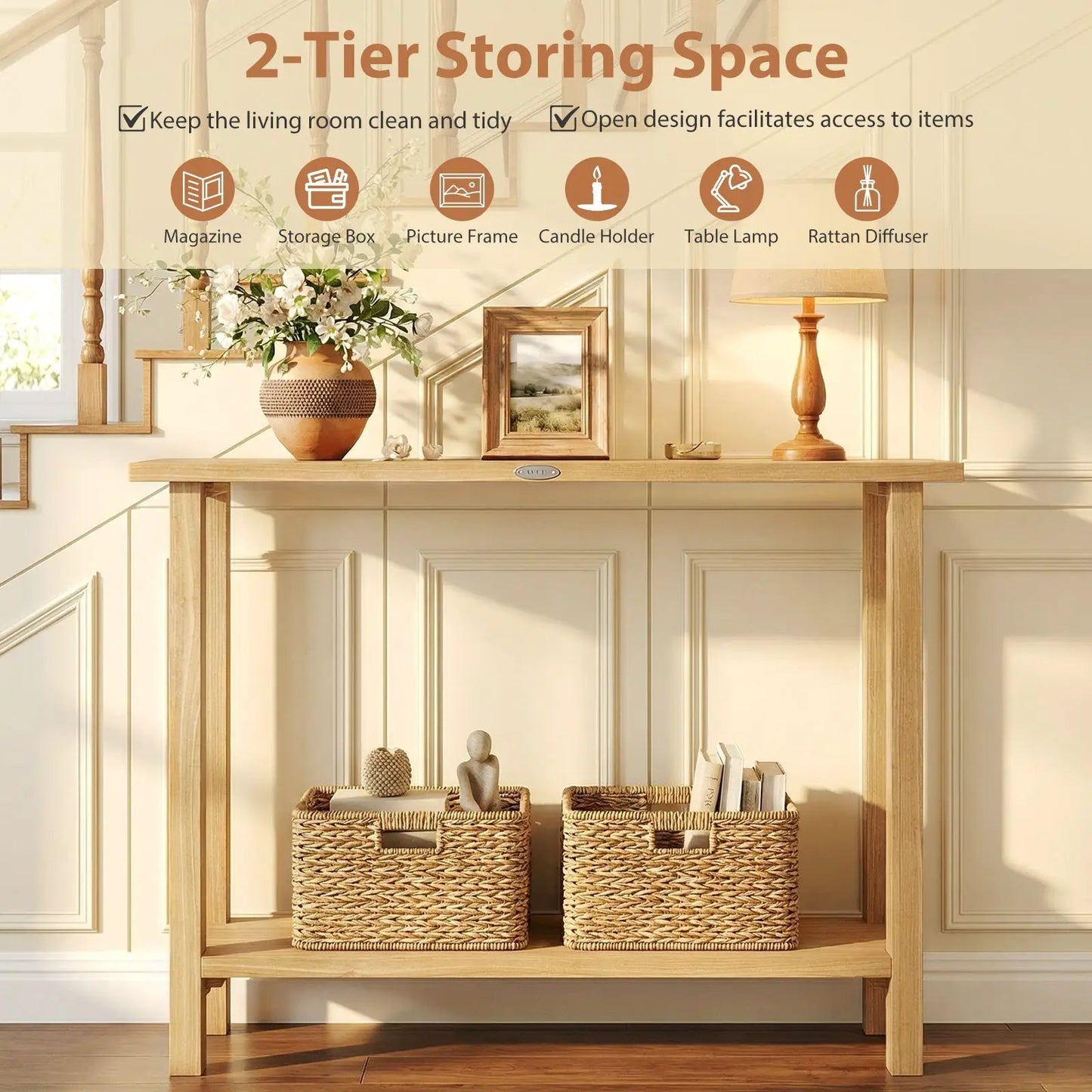 Teak wood console table with storage shelf; top with vase, photo frame, and lamp, baskets below on Tampa Home & Garden Store
