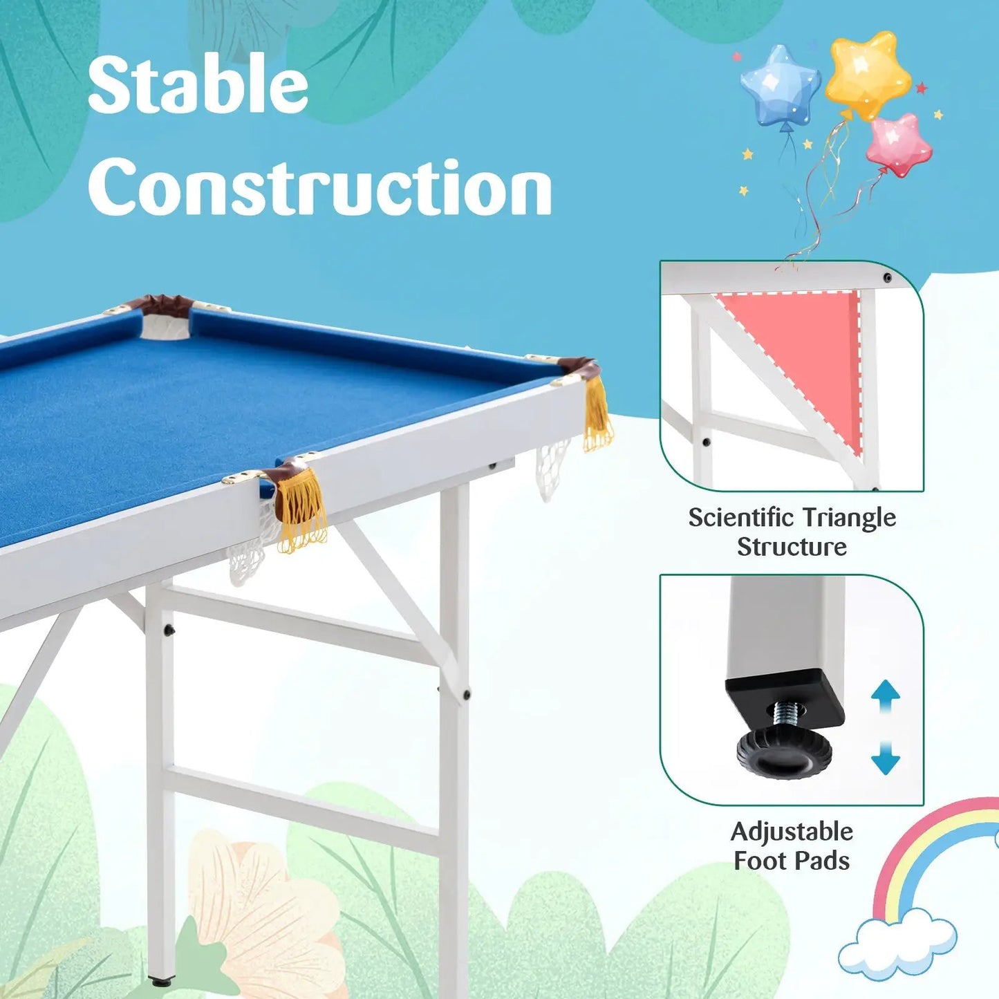 Folding 47 Inch Billiard Table with blue felt, white frame, cues included on Tampa Home & Garden Store