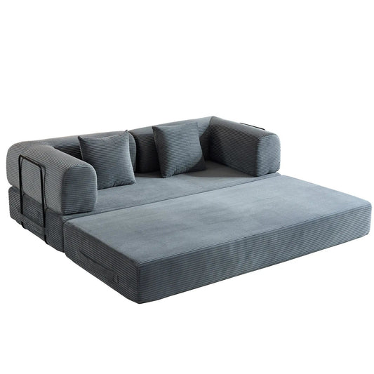 Convertible sleeper futon sofa bed in blue-gray corduroy with fixed frame and cylindrical cushion on Tampa Home & Garden Store