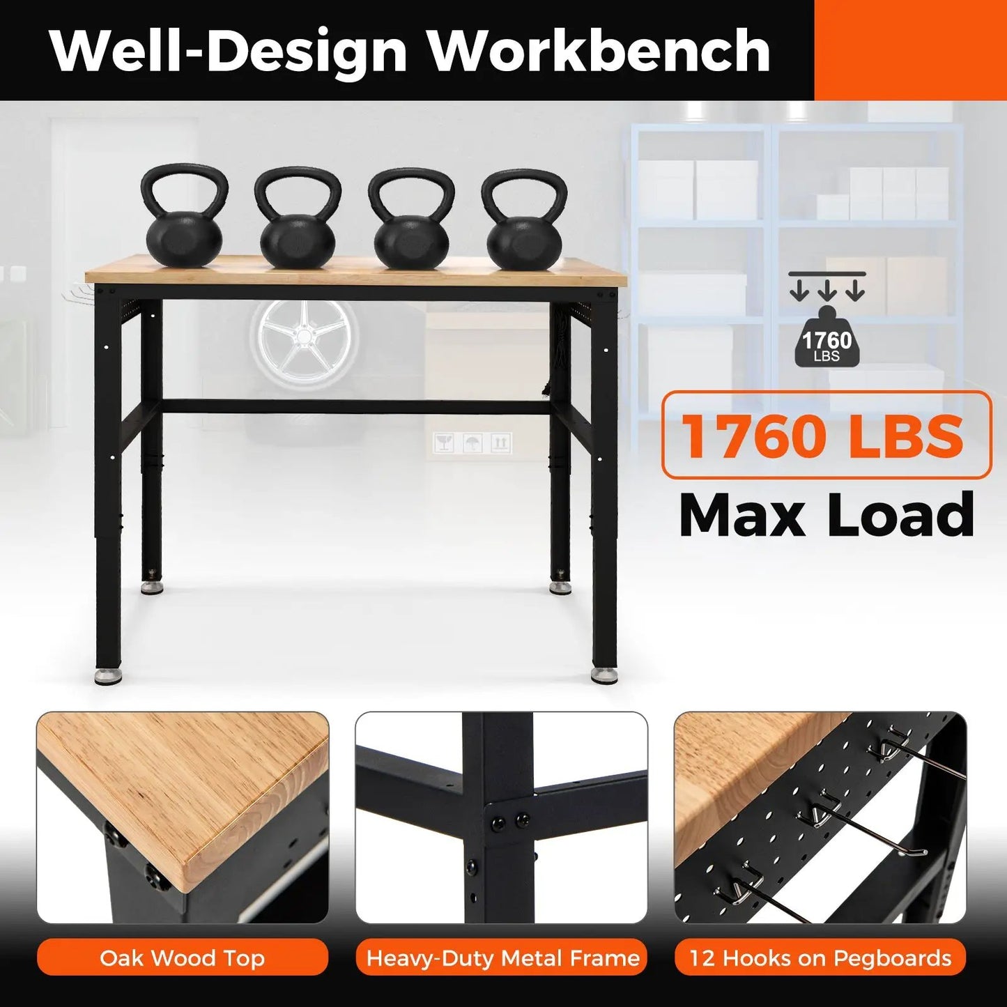 48 Inch Adjustable Work Bench with Power Outlets oak top, heavy-duty metal frame, 4 kettlebells on Tampa Home & Garden Store