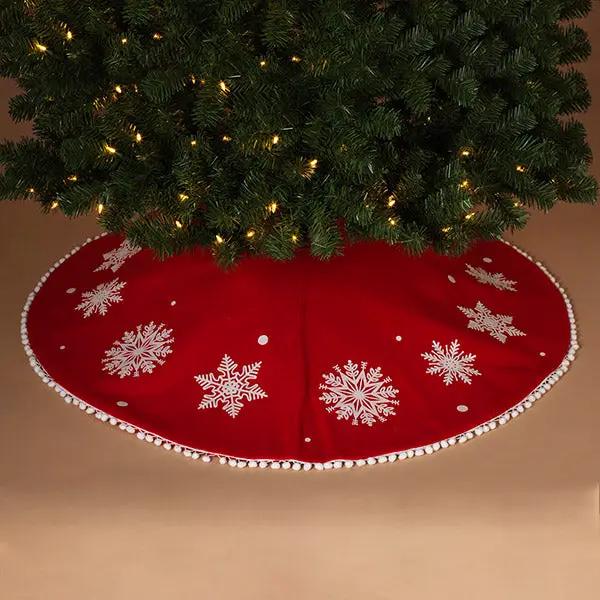 48in red felt pom pom tree skirt with white snowflakes motifs by The Country Christmas Loft on Tampa Home & Garden Store