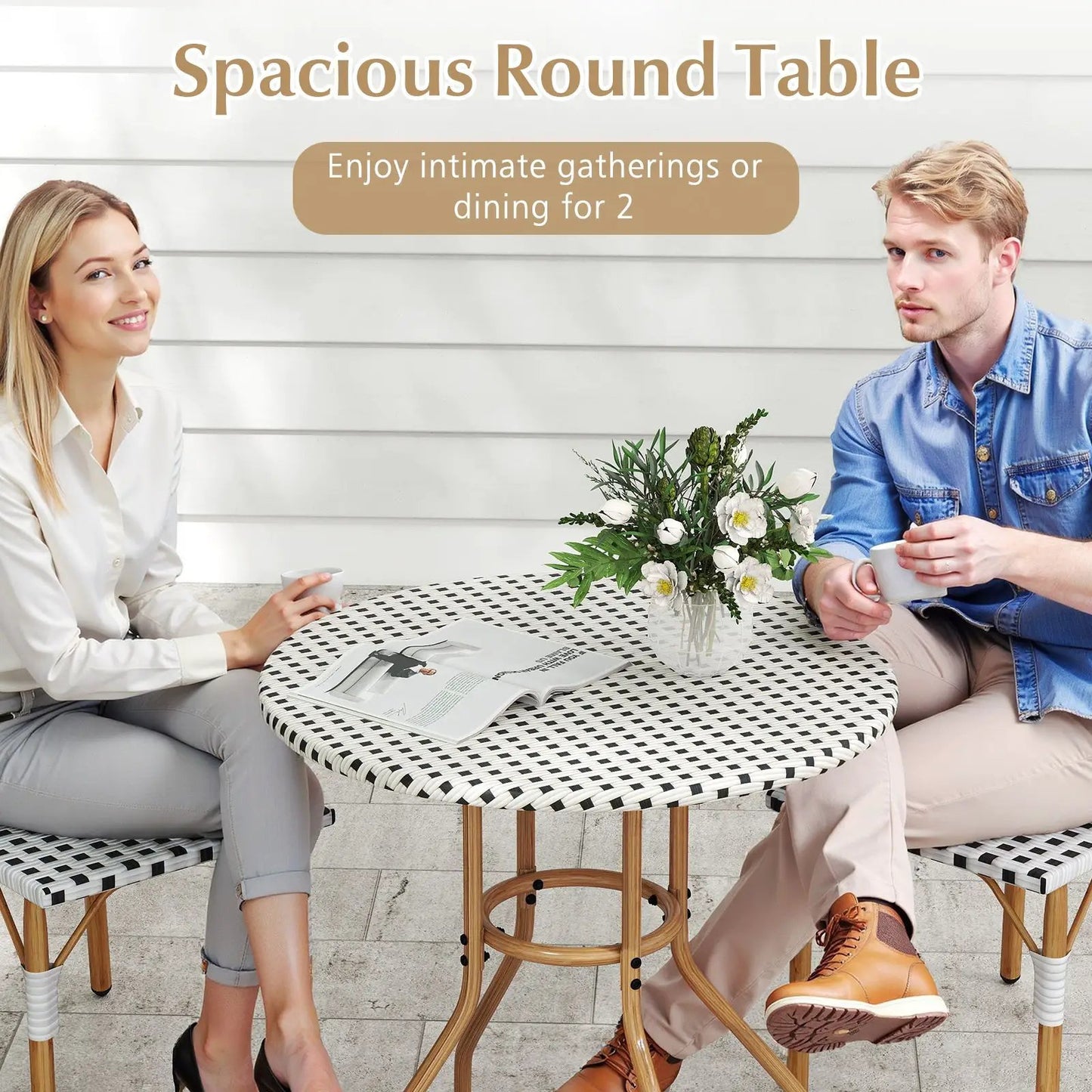 27.5 Outdoor Bistro Table with Adjustable Feet by DirectDeals, round woven top, patio scene on Tampa Home & Garden Store
