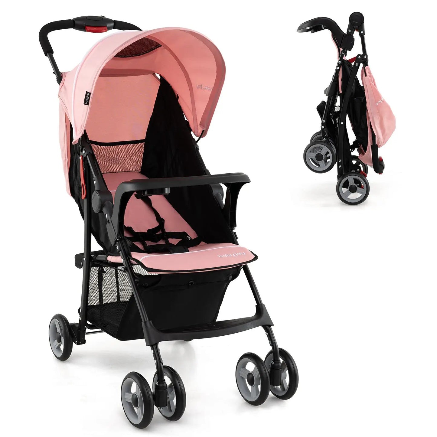 Toddler travel stroller pink with canopy and backrest, steel frame, 4 wheels by DirectDeals on Tampa Home & Garden Store