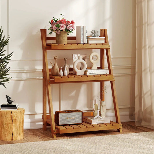 Foldable 3-Tier Solid Wood Plant Stand in natural finish with flower bouquet on top shelf on Tampa Home & Garden Store