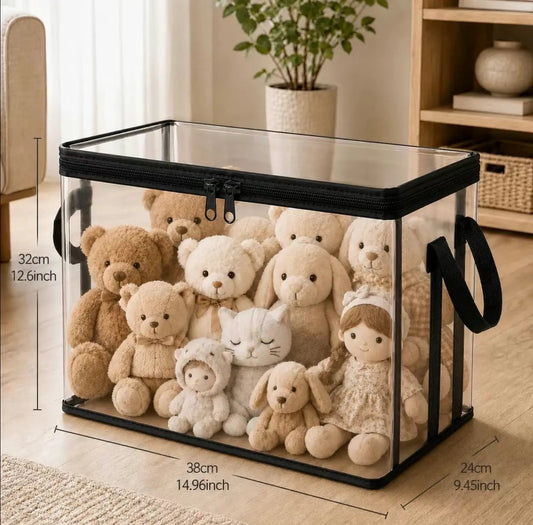 PlushNest PVC Organizer With Handles, clear storage bin with black trim, plush bears inside on Tampa Home & Garden Store