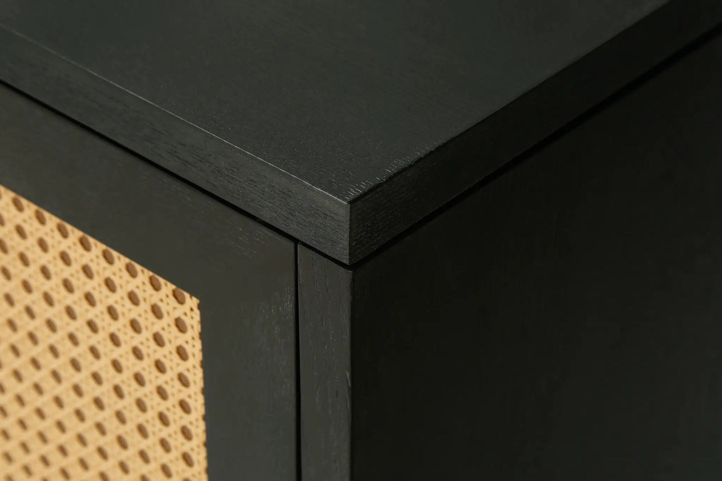 Handcrafted black rattan sideboard with 4 doors and visible rattan panel detail on Tampa Home & Garden Store