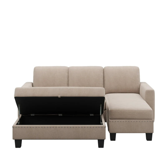 Reversible Sectional Sofa with Storage Ottoman in beige fabric; lid open, black interior on Tampa Home & Garden Store