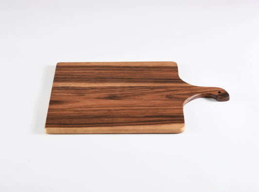 Kalmar Home square acacia wood charcuterie board with handle, 12in, dark striped grain on Tampa Home & Garden Store