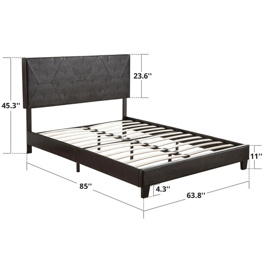 Queen upholstered platform bed frame with slats, black faux leather headboard on Tampa Home & Garden Store