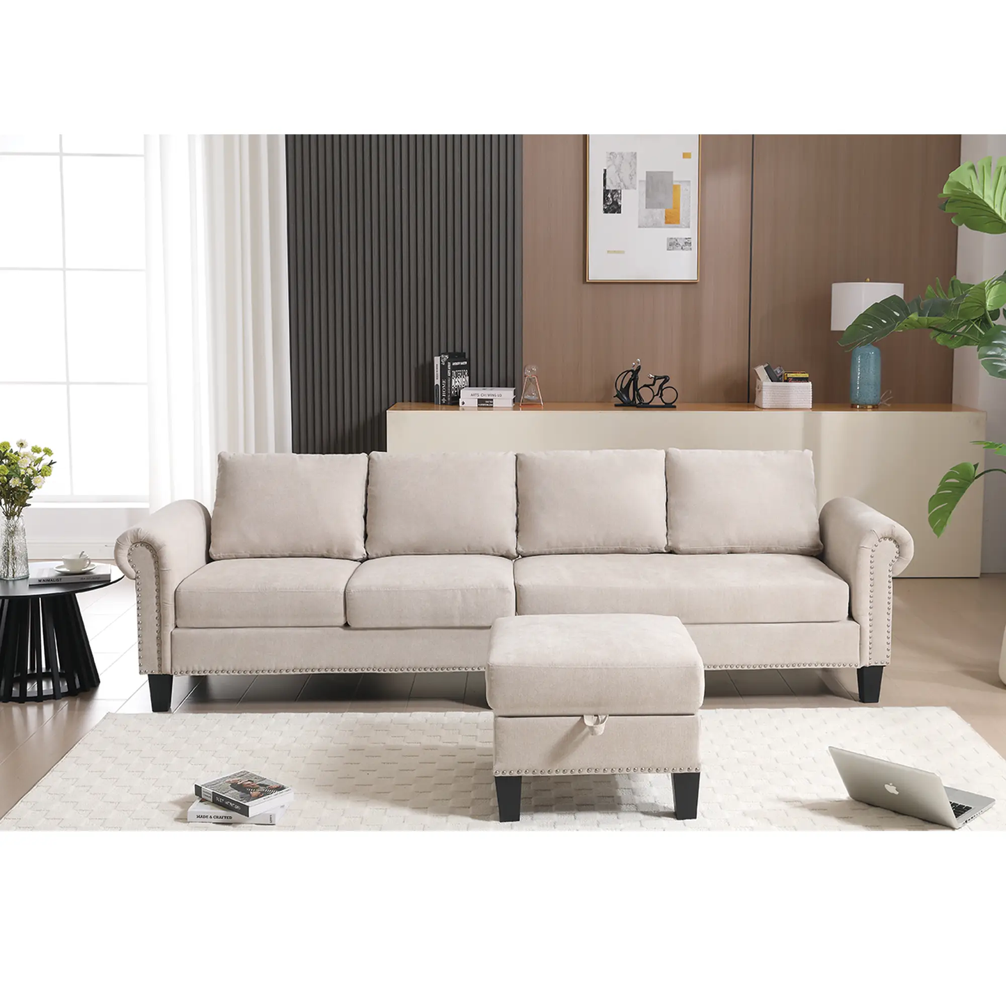 Convertible Sectional Sofa With Storage Beige fabric upholstery and matching ottoman on Tampa Home & Garden Store