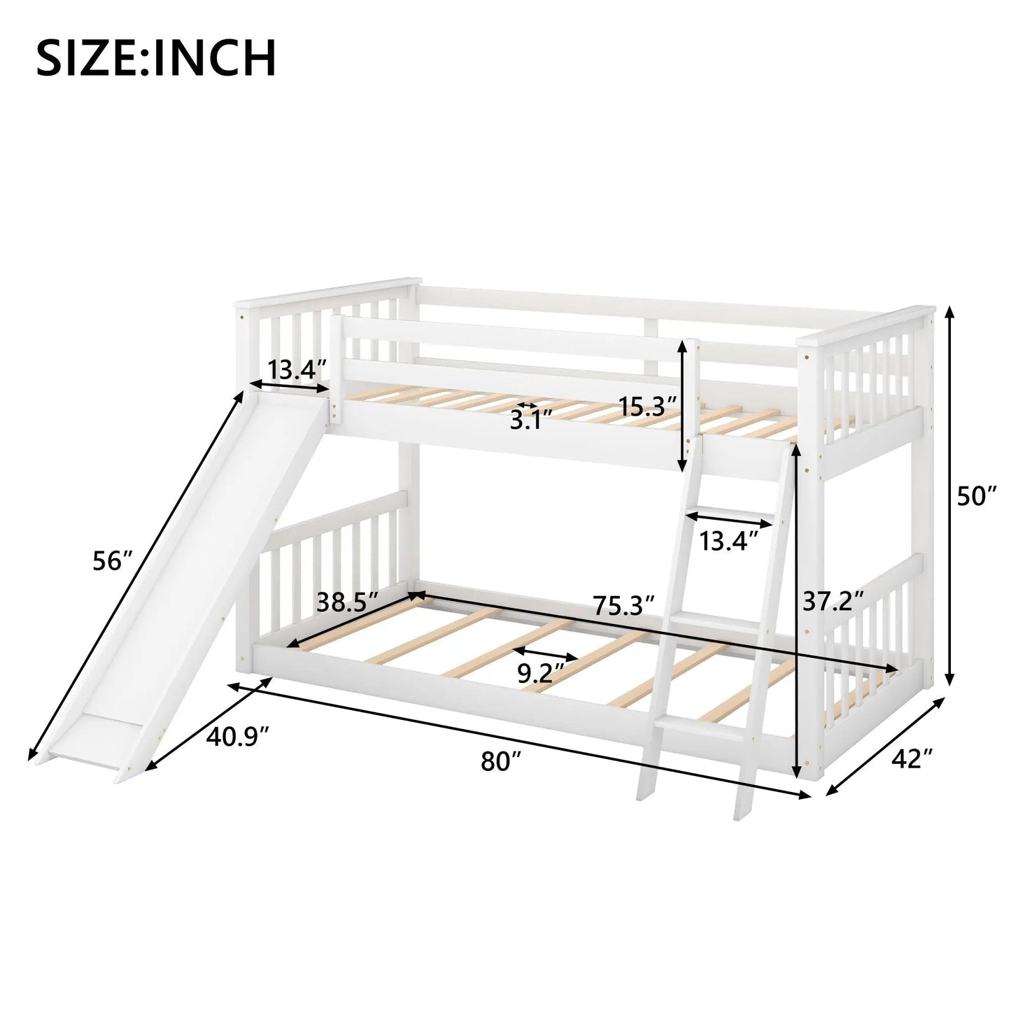 Twin over twin white wooden bunk bed with built-in slide and ladder on Tampa Home & Garden Store