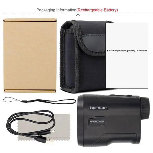 KM M600 laser rangefinder outdoor golf telescope in black featuring Kaemeasu branding, 5pc kit on Tampa Home & Garden Store