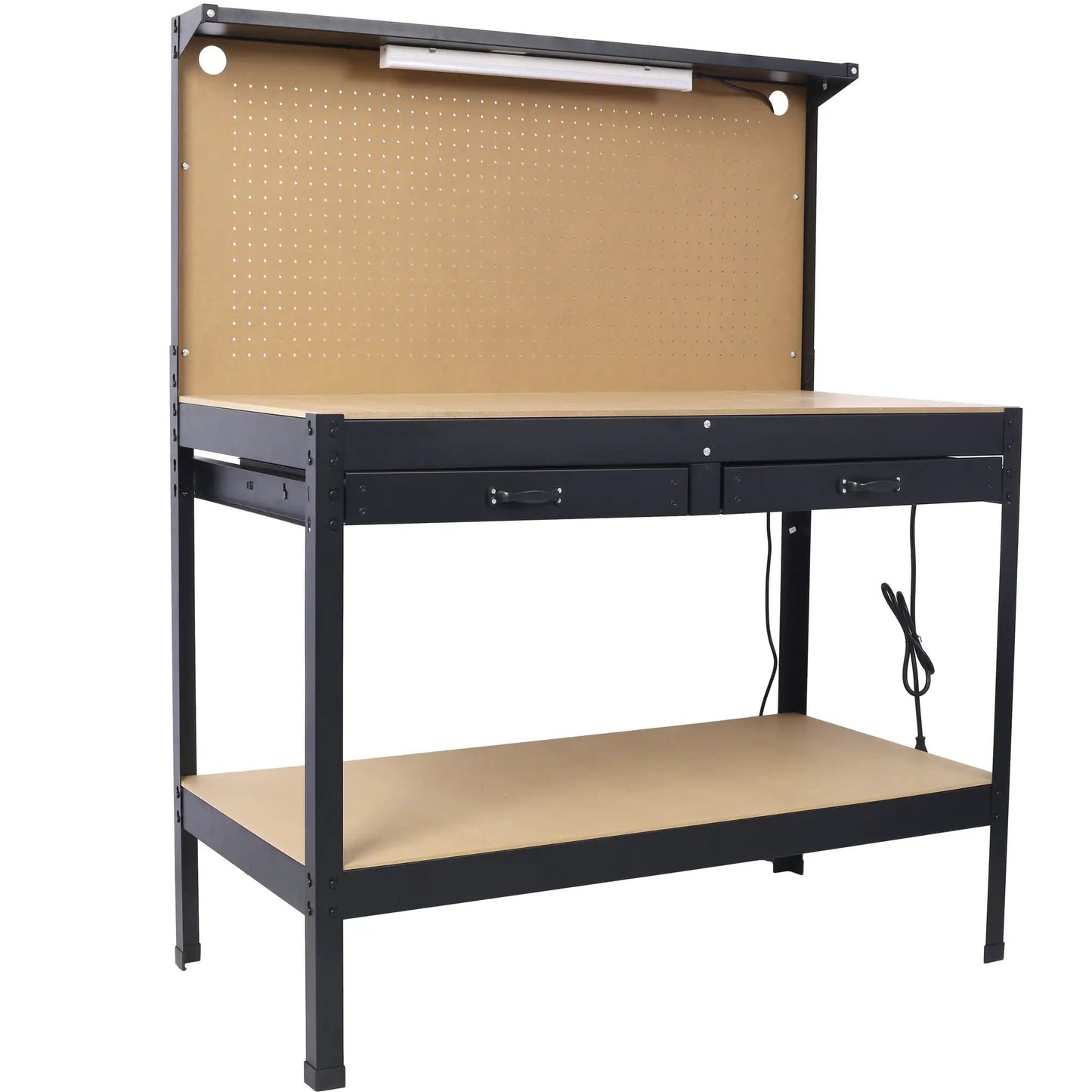 Steel workbench with pegboard back and two drawers; black frame with tan pegboard on Tampa Home & Garden Store