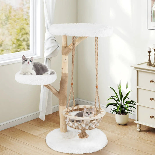 Solid Wood Cat Tree with Hanging Cradle and Jute, white fluffy platforms and two kittens on Tampa Home & Garden Store