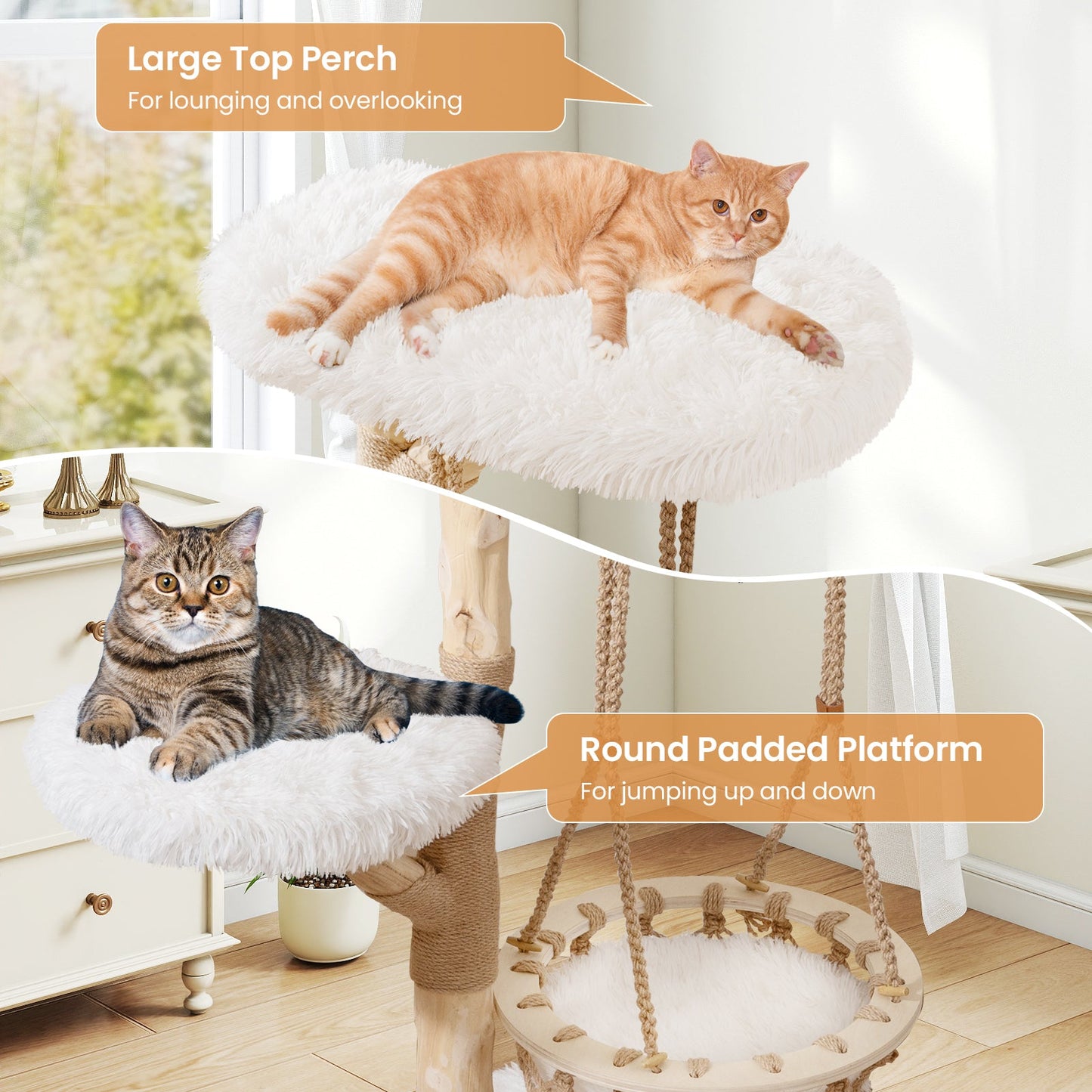 Solid Wood Cat Tree with Hanging Cradle and Jute, white plush platforms, two cats, DirectDeals on Tampa Home & Garden Store