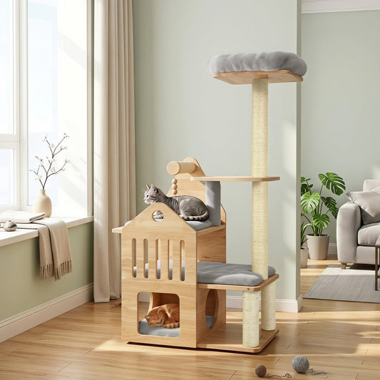 Multi-Level Solid Wood Cat Tree 48.5in with condo & scratchers, cat resting in condo on Tampa Home & Garden Store