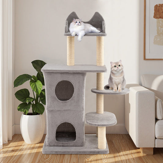 48.5 inch Cat Tree with 2-story Condo and 3 Hideaway Caves for Large Cats-Gray - Tampa Home & Garden Store