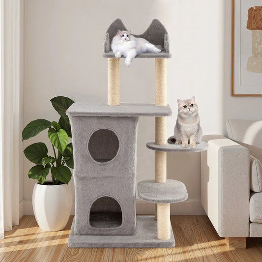 Large gray cat tree with two-story condo and hideaways; plush fabric, sisal posts, 2 cats on Tampa Home & Garden Store