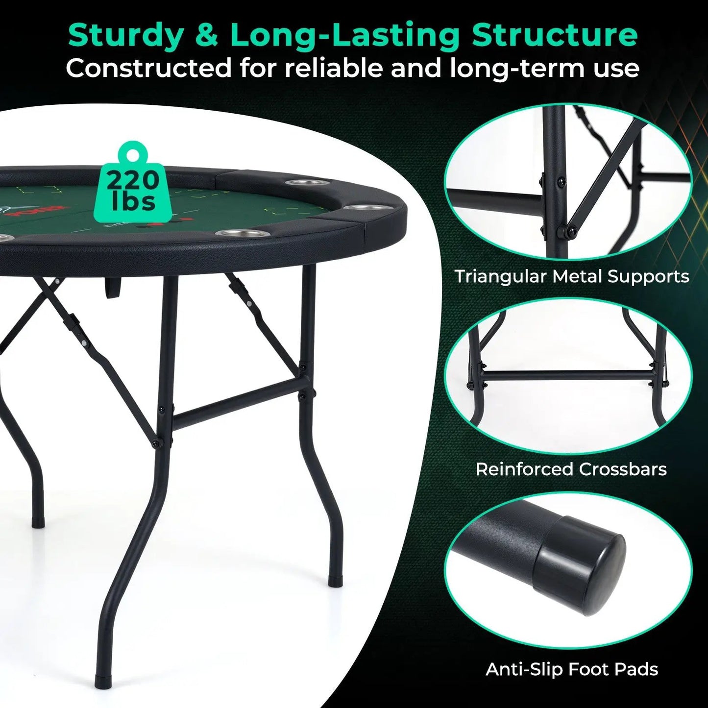 DirectDeals 48-Inch foldable poker table with cup holders, padded edge, black frame on Tampa Home & Garden Store