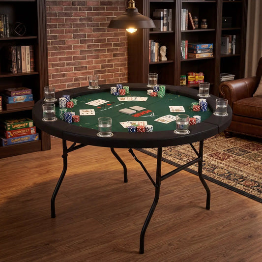 48-inch foldable poker table with 8 cup holders and padded edge, round green felt gaming table on Tampa Home & Garden Store