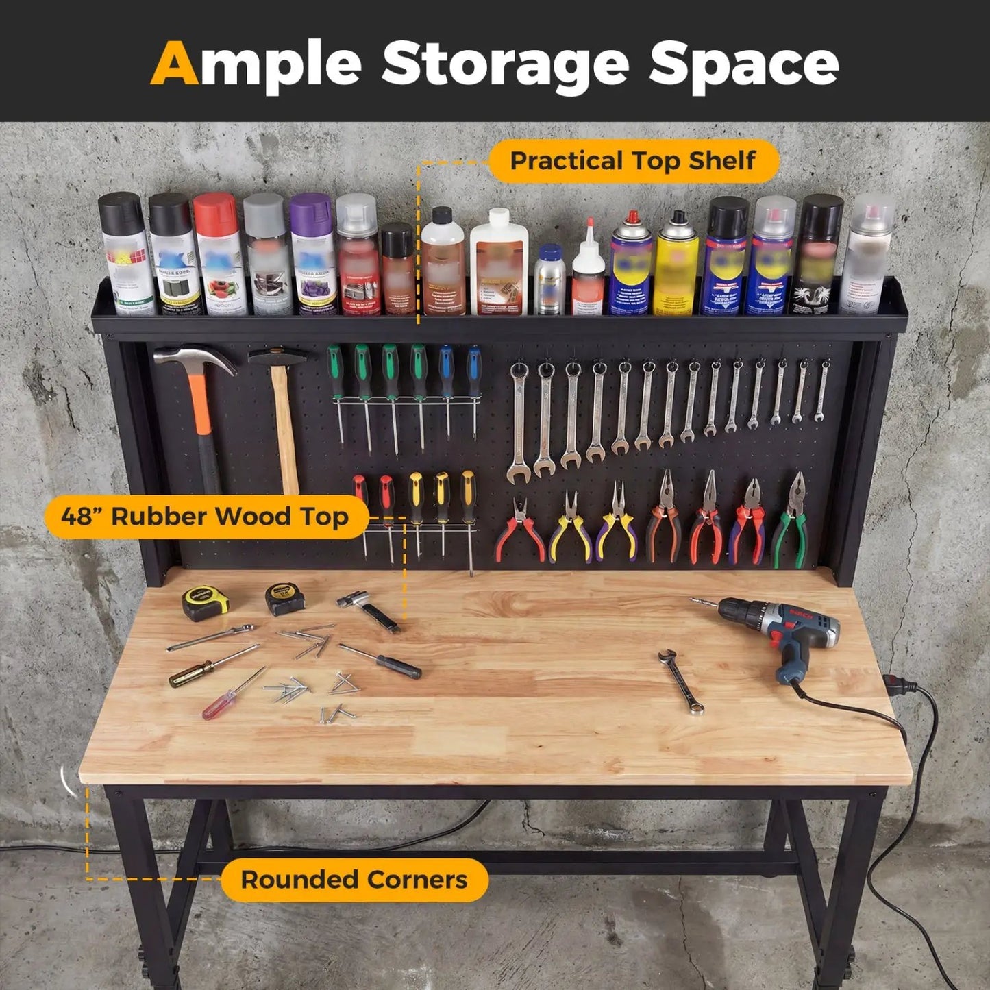 DirectDeals 48-inch heavy-duty workbench with rubber wood top, pegboard storage, metal frame on Tampa Home & Garden Store