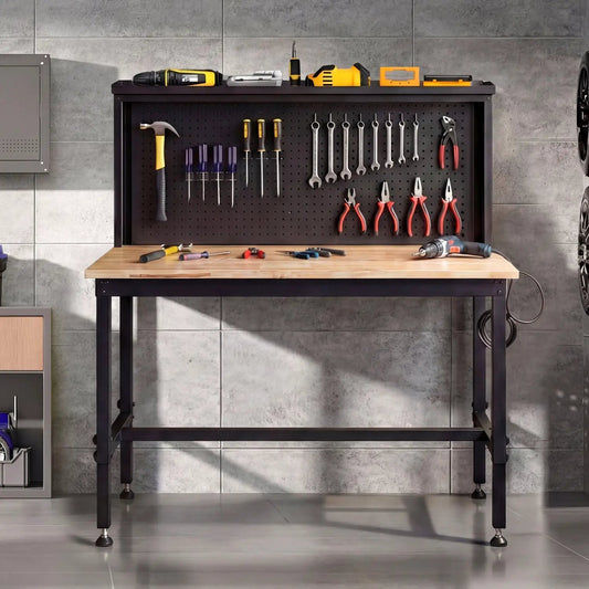 48 Inch Heavy Duty Workbench with Pegboard and Wood Top, Black Metal Frame on Tampa Home & Garden Store
