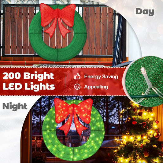 DirectDeals 48-inch green mesh Christmas wreath with red bow and 200 LED bulbs on Tampa Home & Garden Store