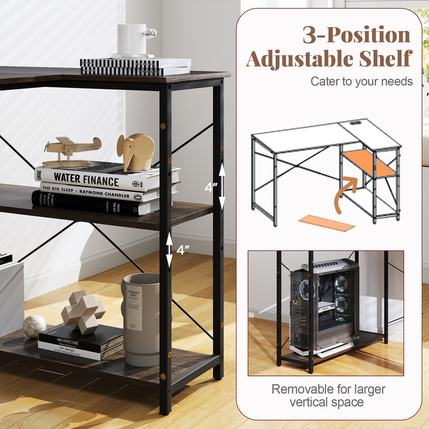 DirectDeals 48 Inch L Shaped Desk with adjustable, reversible shelf black metal frame on Tampa Home & Garden Store