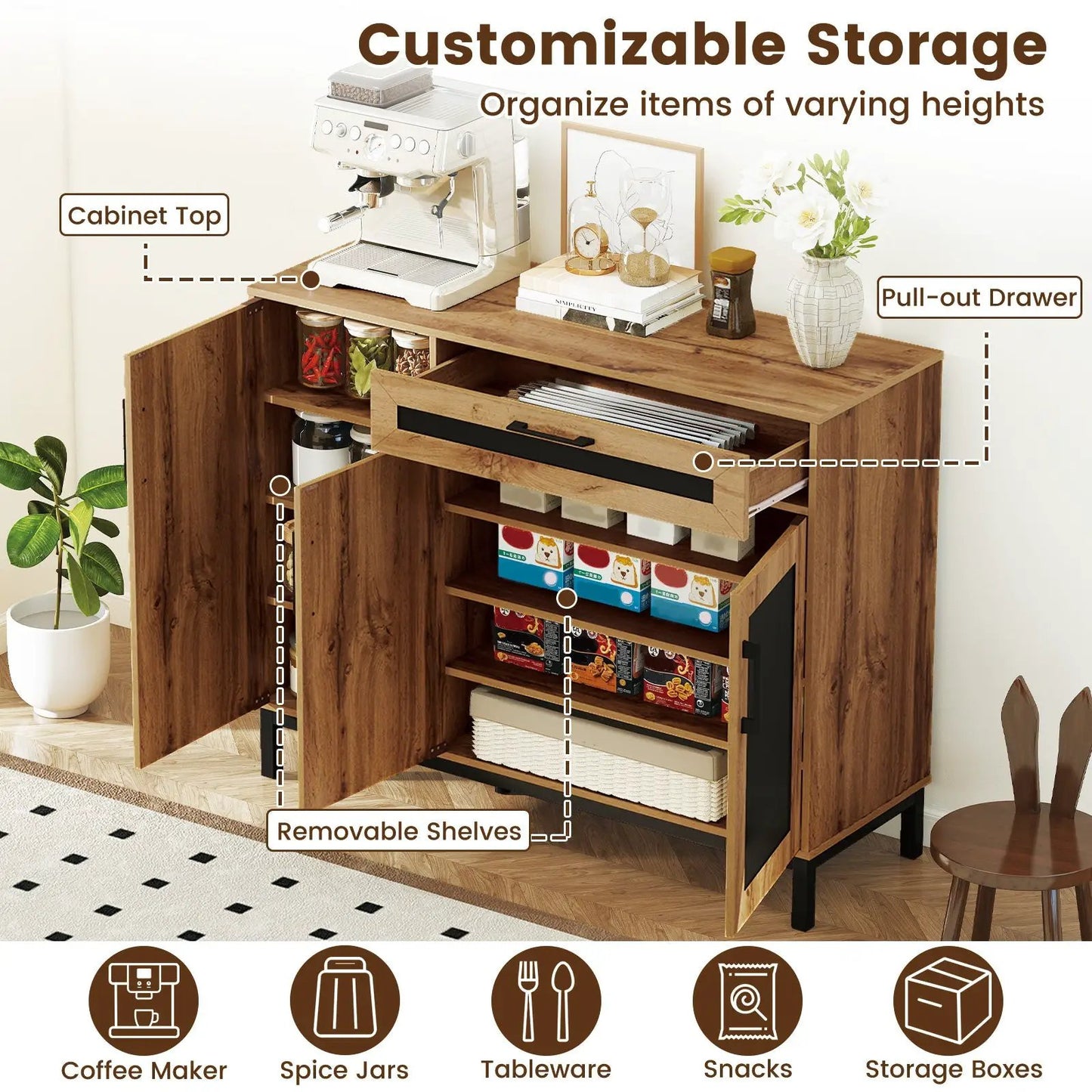 48 Inch Sideboard Buffet Cabinet with Drawer, natural wood finish and removable shelves on Tampa Home & Garden Store