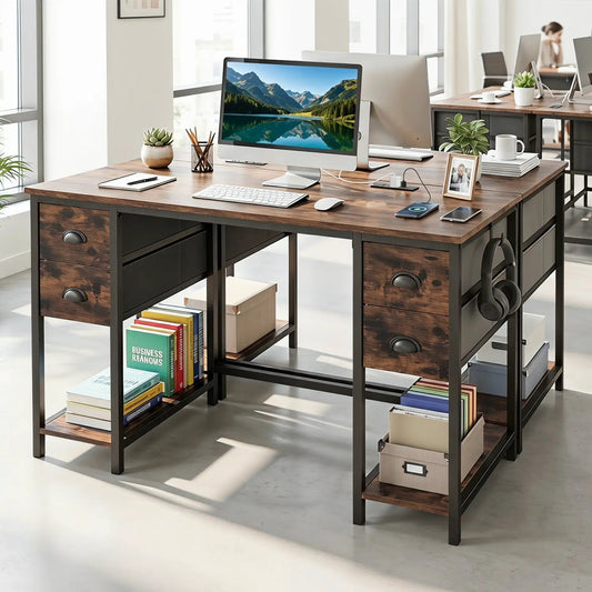 48-Inch Computer Desk with Power Outlet & 4 Fabric Drawers, wood top on black metal frame on Tampa Home & Garden Store