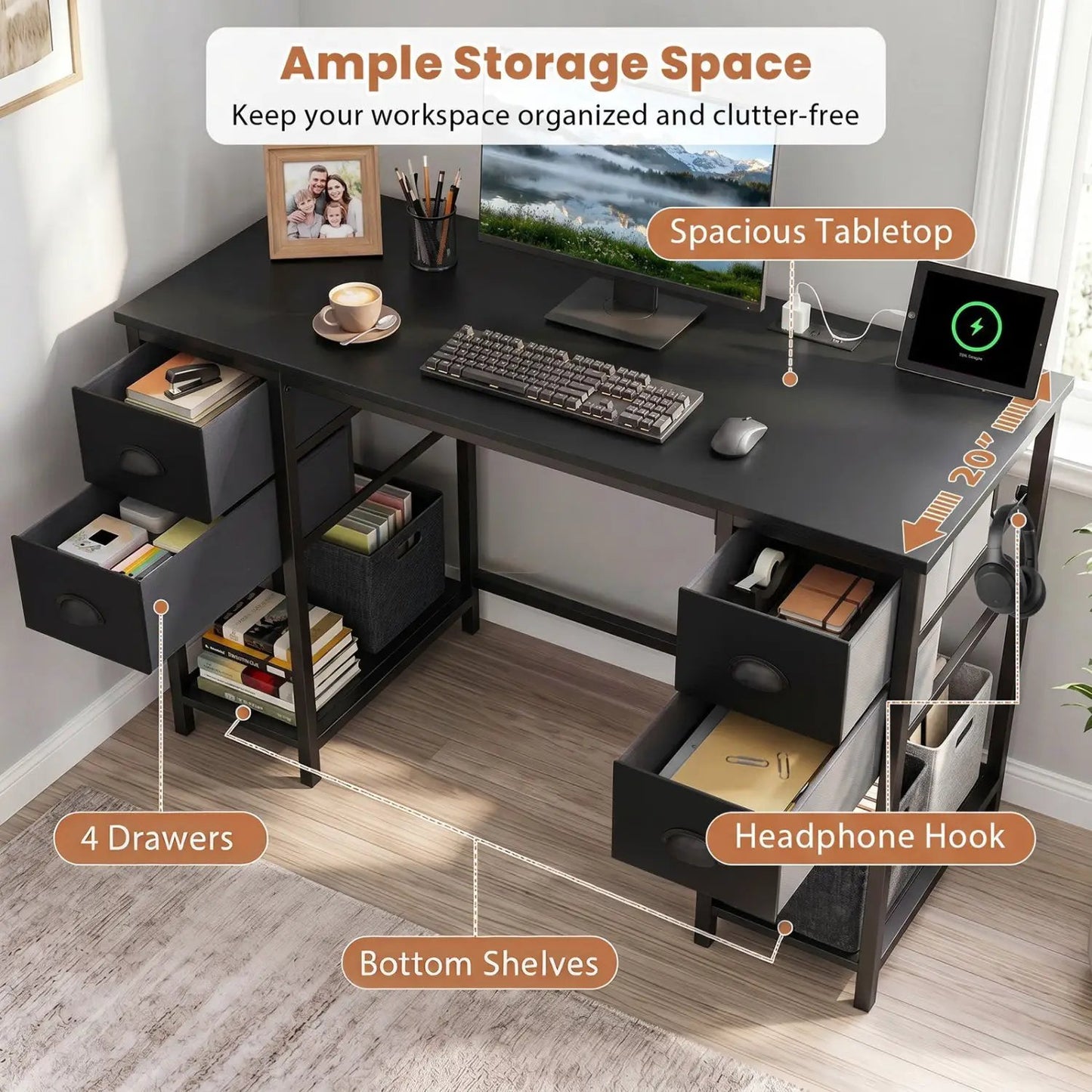48 Inch Desk with Power Outlet and Fabric Drawers