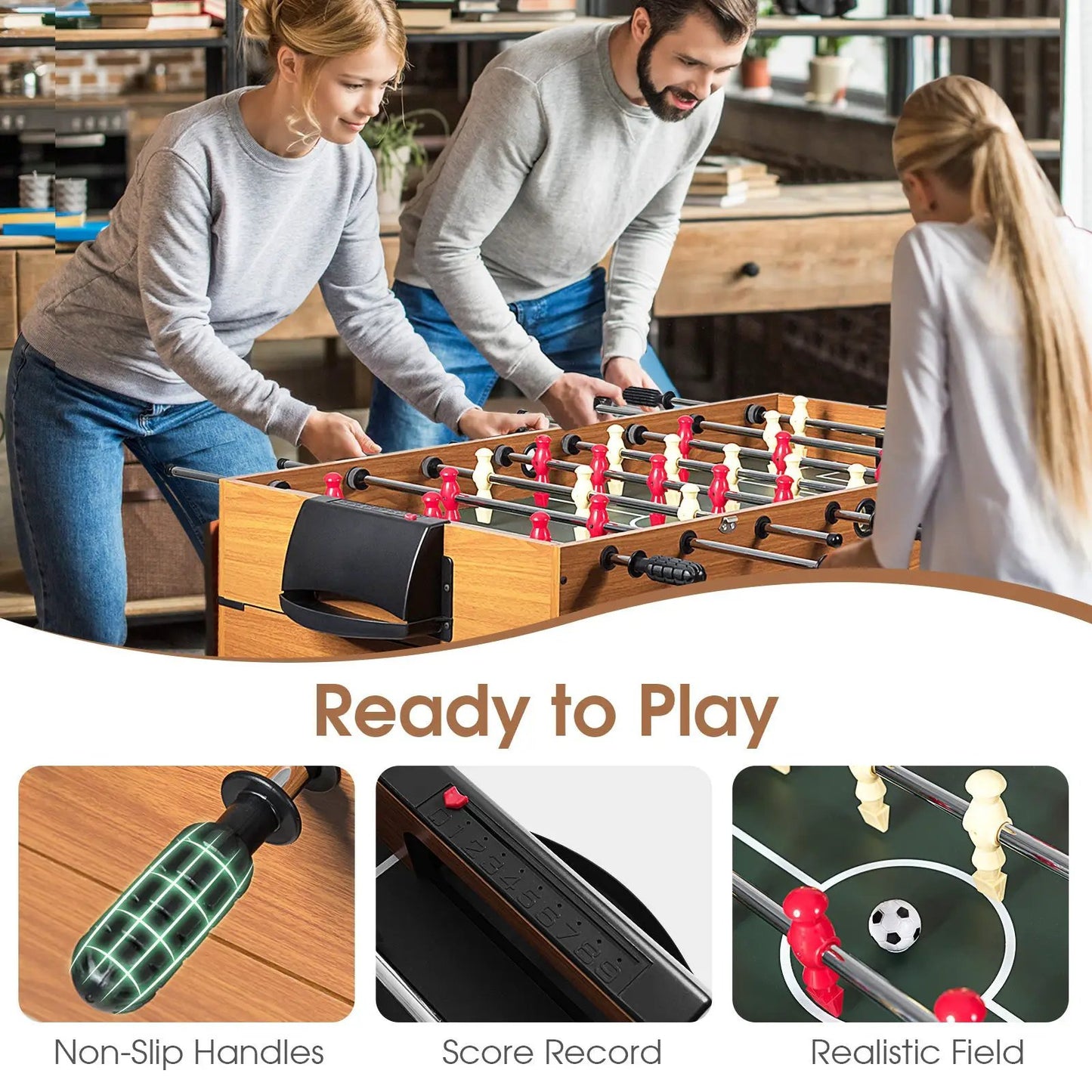48 Inch 3-In-1 Multi Game Table with Soccer wood finish, family playing foosball on Tampa Home & Garden Store