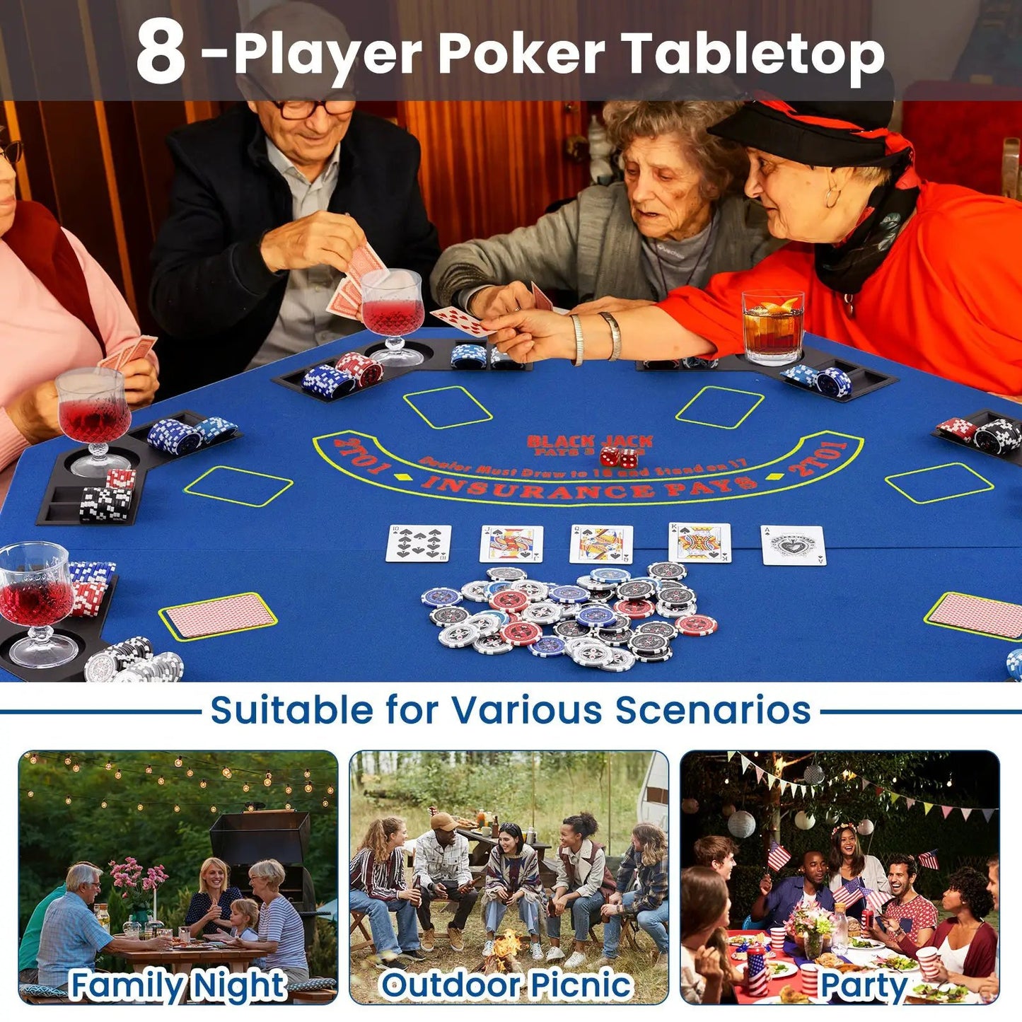 48 Inch 8-Player Foldable Poker Table Top with Carrying Bag and Cup Holders-Blue - Tampa Home & Garden Store
