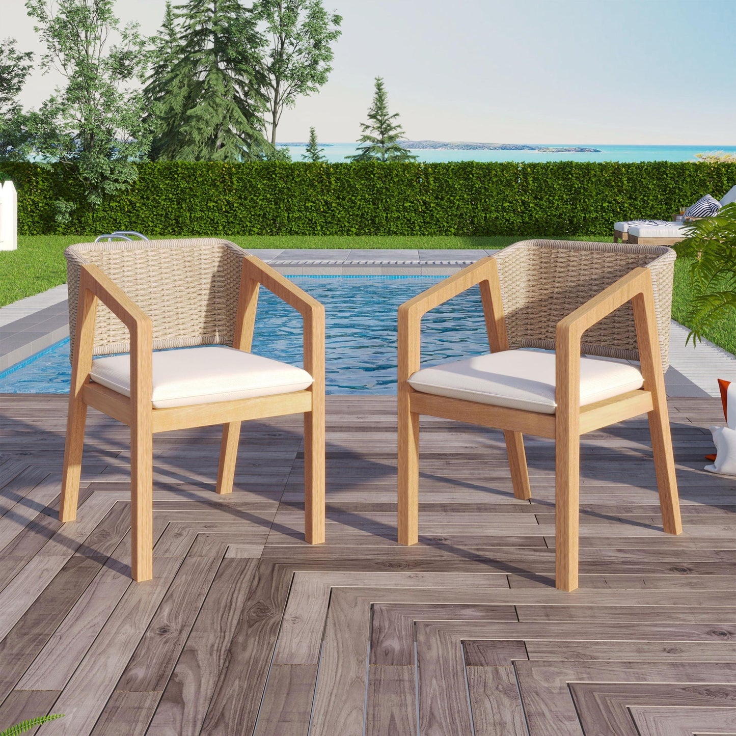 Patio dining chairs set of 2 in light teak with woven rattan backs and white cushions on Tampa Home & Garden Store