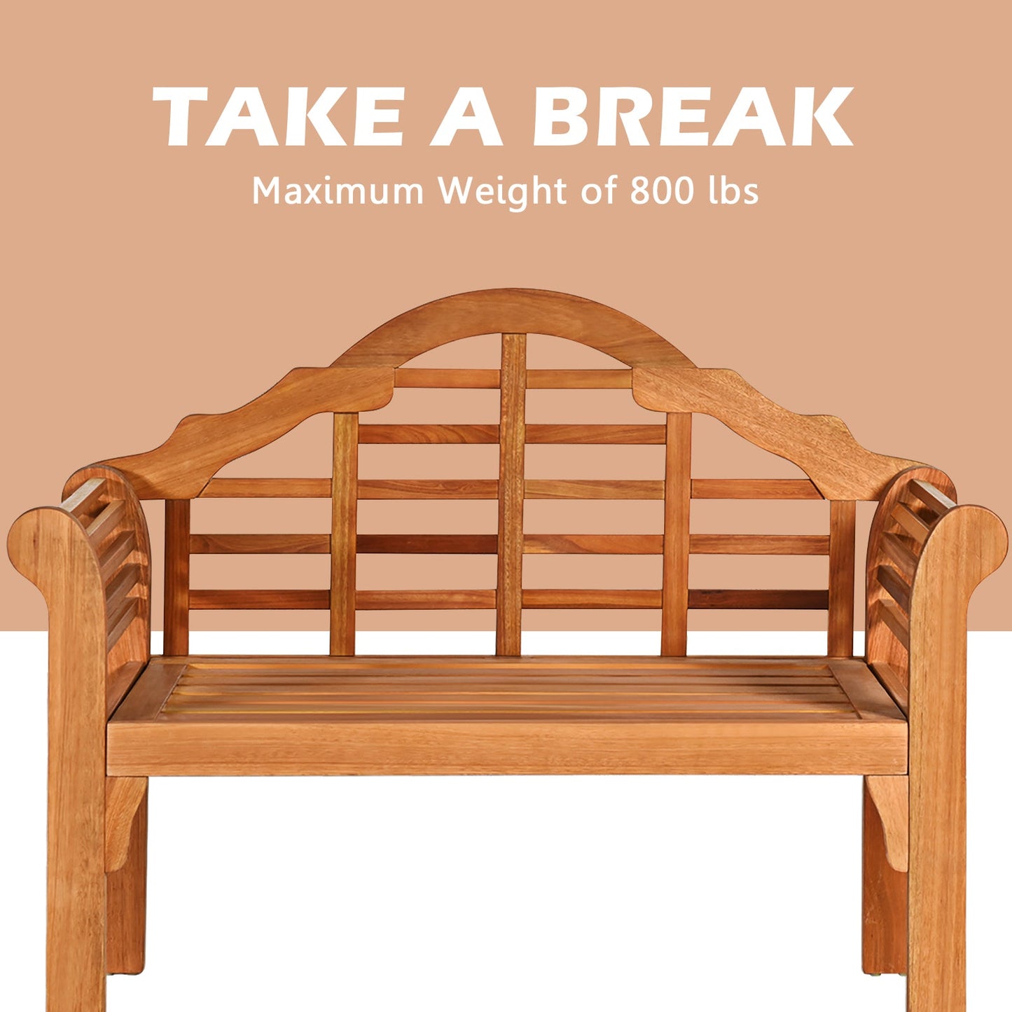 Eucalyptus outdoor folding bench with backrest, natural wood finish, arched back, DirectDeals on Tampa Home & Garden Store