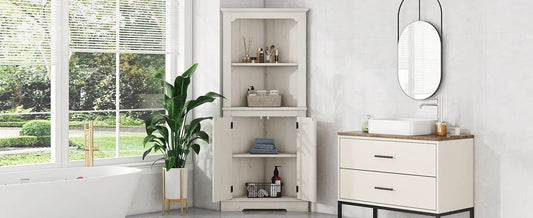 Tall corner cabinet with doors beige wood grain open to towels and toiletries in a bathroom on Tampa Home & Garden Store